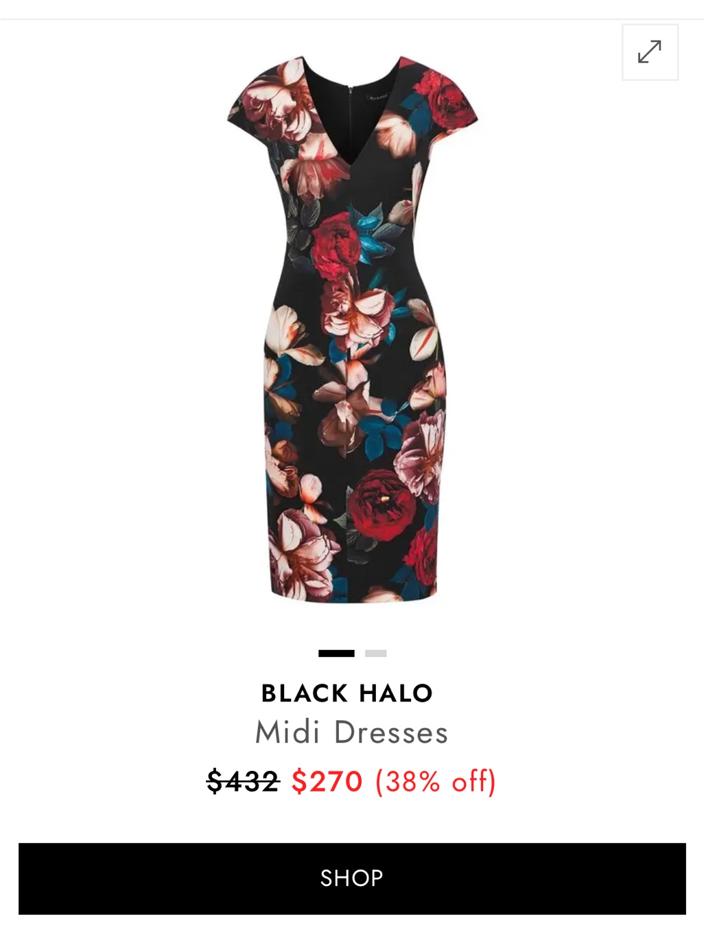 Black Halo Black Floral V-Neck Sheath Midi Dress With Red & Teal Accents